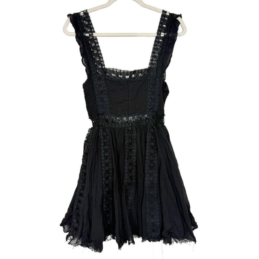 Free People Dress XS Verona Lace Trim Mini Black Square Neck Flare Gauzy Cotton - Picture 6 of 16